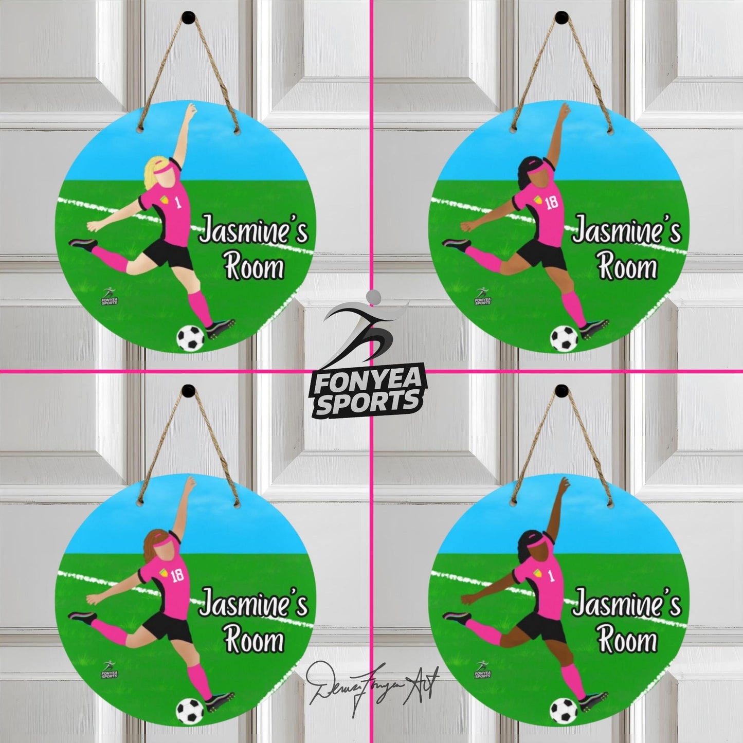 Fonyea Sports Soccer Girl Round Wooden Door Sign 11.8''
