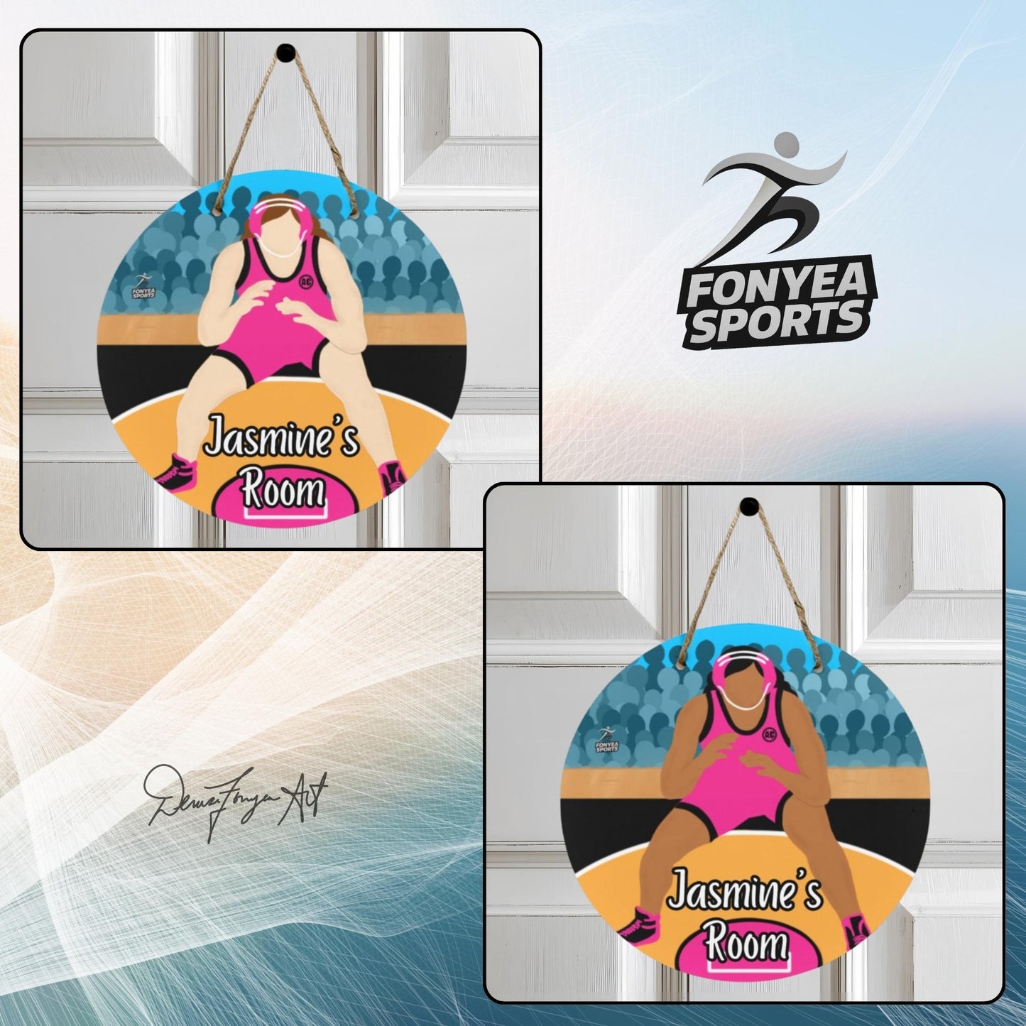 Fonyea Sports Wrestler Girl Round Wooden Door Sign 11.8''