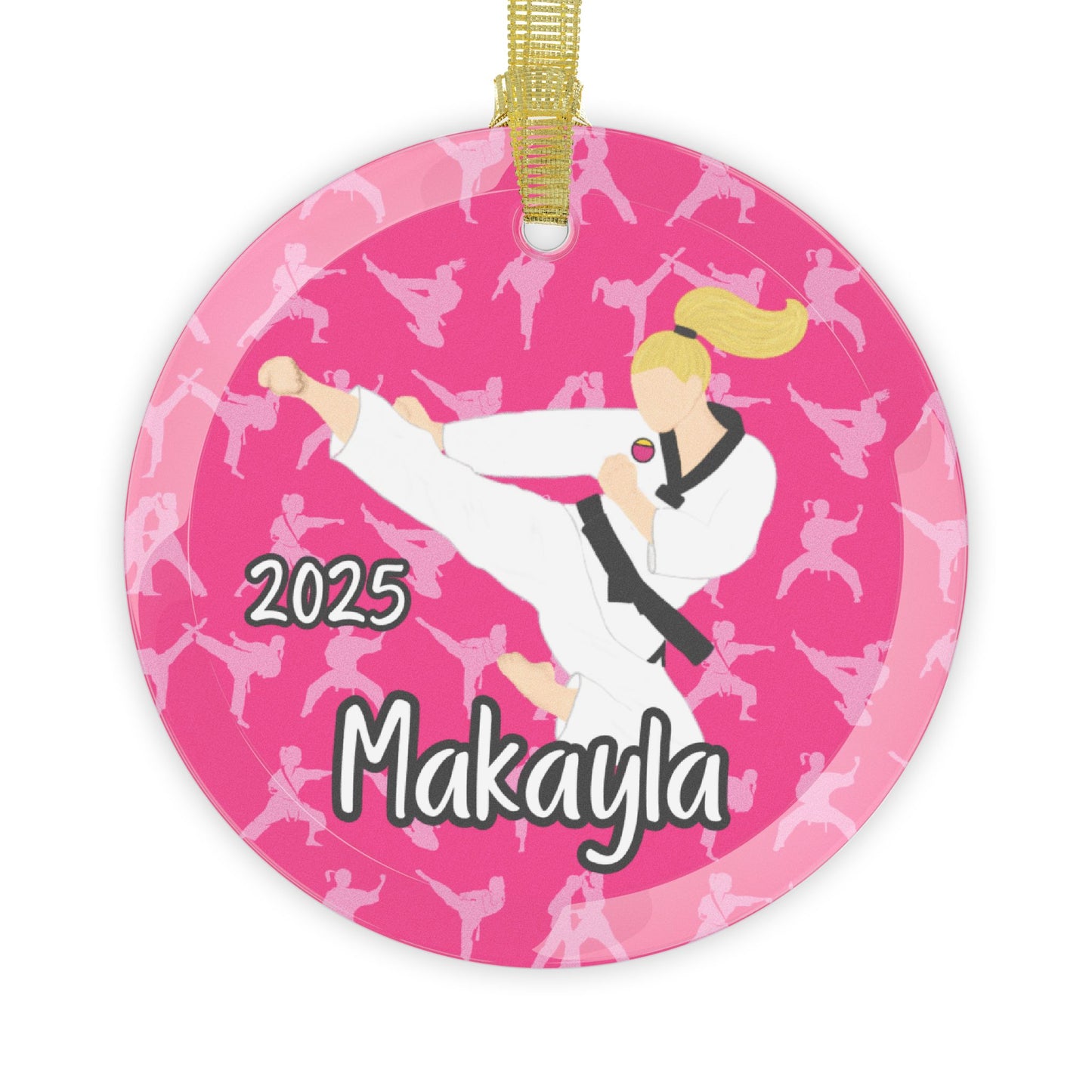 Personalized Martial Arts Karate Taekwondo Judo Pink/Black Glass Ornament, Fonyea Sports