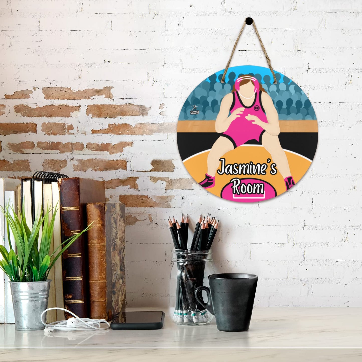 Fonyea Sports Wrestler Girl Round Wooden Door Sign 11.8''