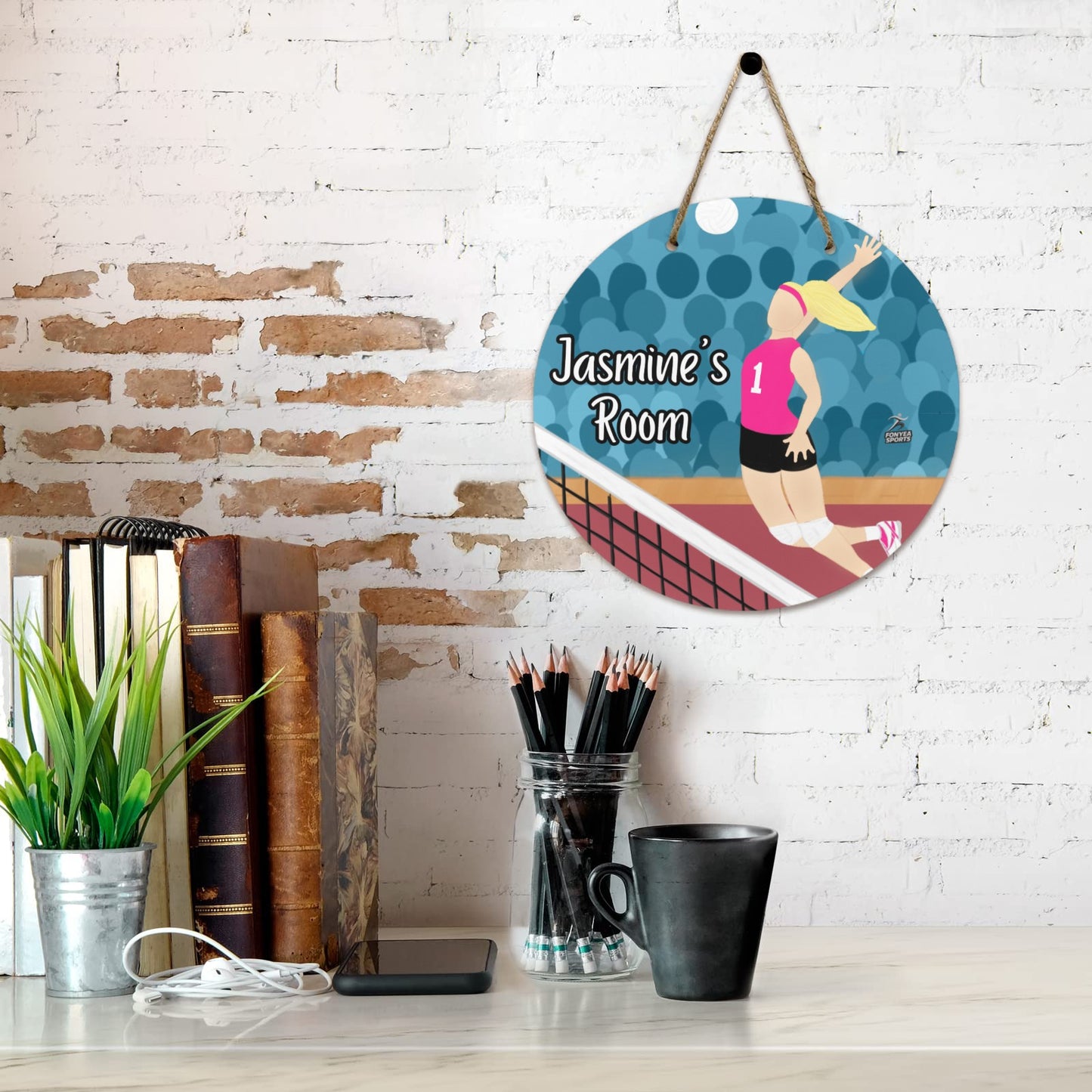 Fonyea Sports Volleyball Round Wooden Door Sign 11.8''