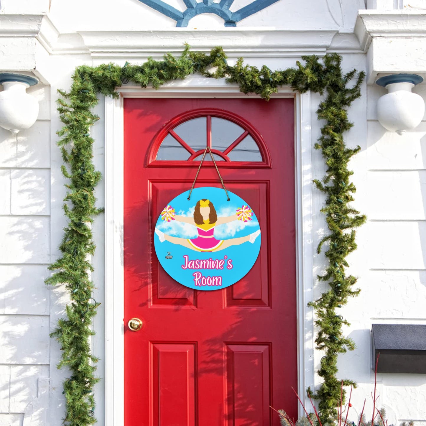 Fonyea Sports Cheerleader Round Wooden Door Sign 11.8''