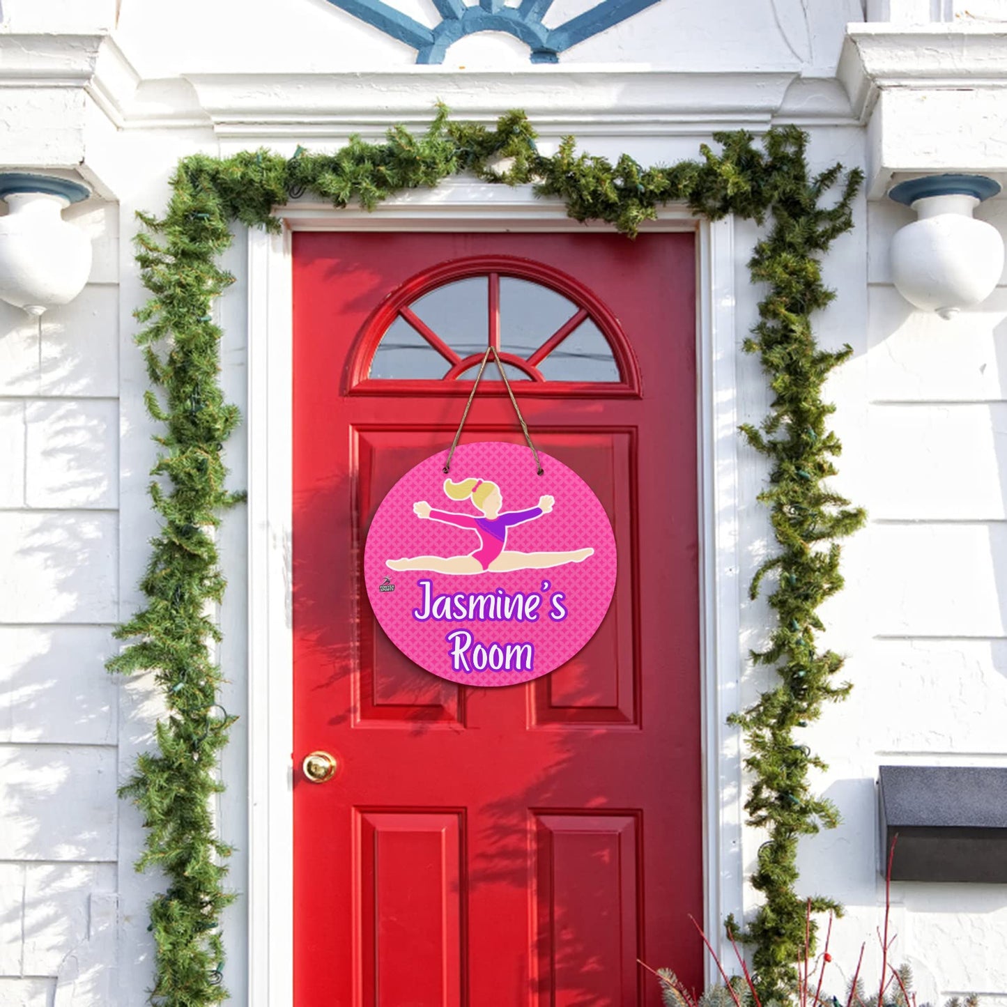 Fonyea Sports Gymnast Pink Round Wooden Door Sign 11.8''