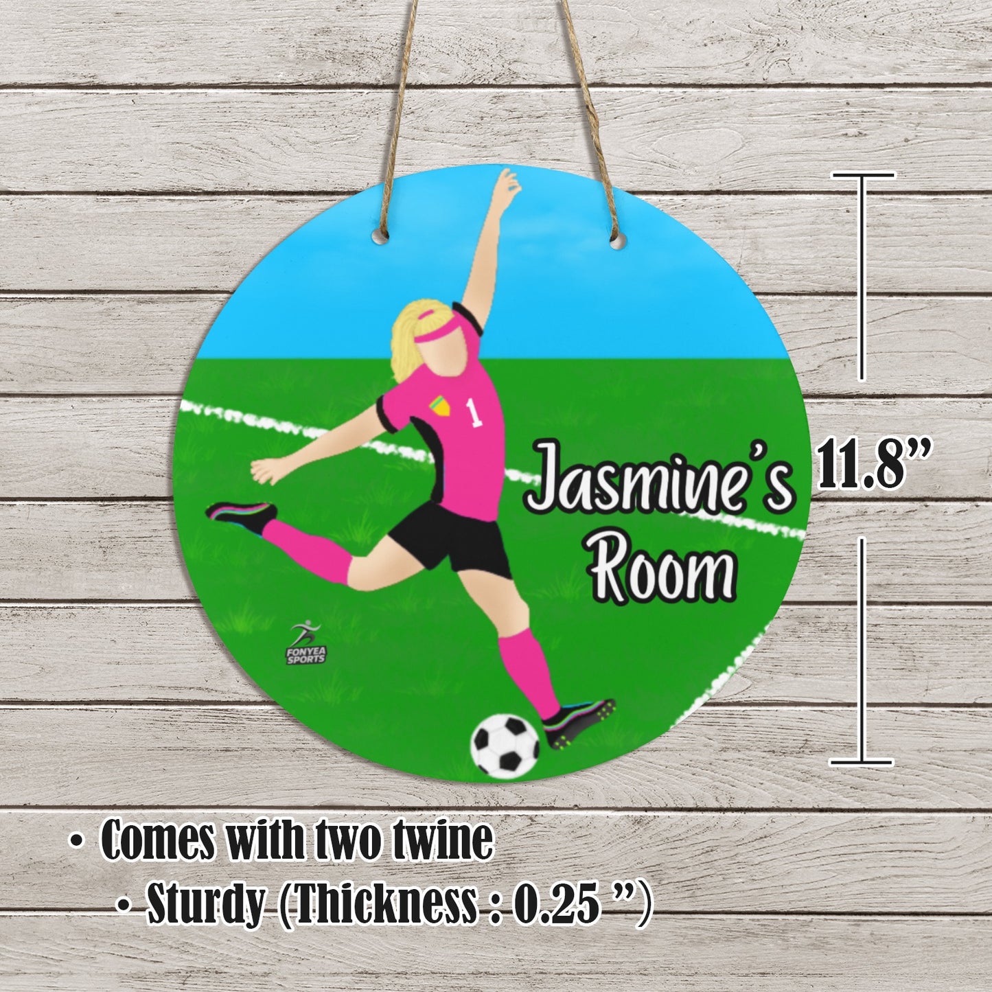 Fonyea Sports Soccer Girl Round Wooden Door Sign 11.8''