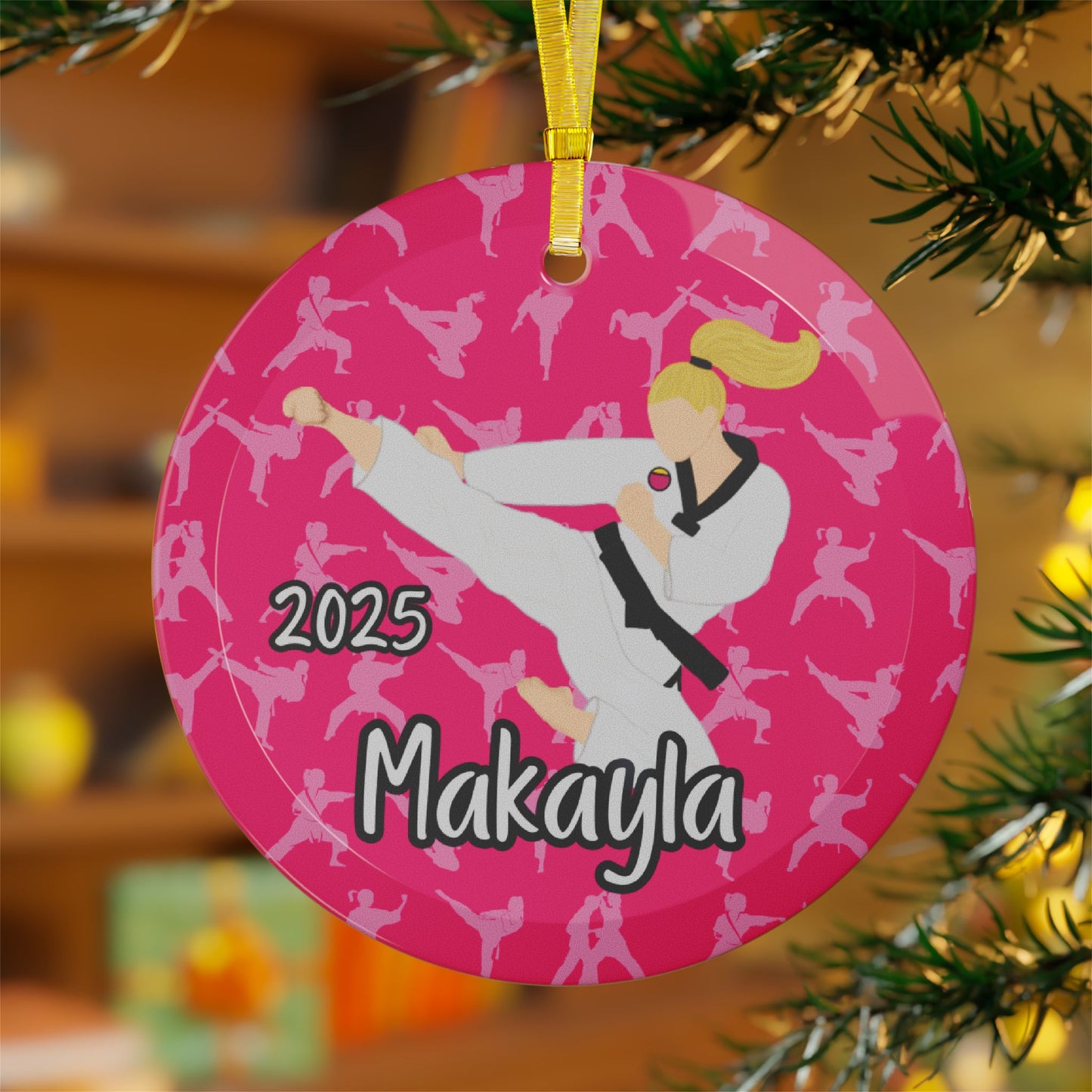 Personalized Martial Arts Karate Taekwondo Judo Pink/Black Glass Ornament, Fonyea Sports