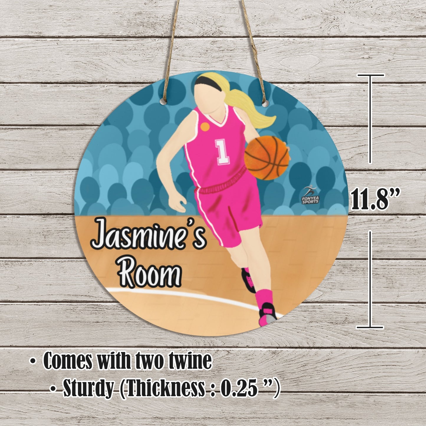 Fonyea Sports Basketball Girl Round Wooden Door Sign 11.8''