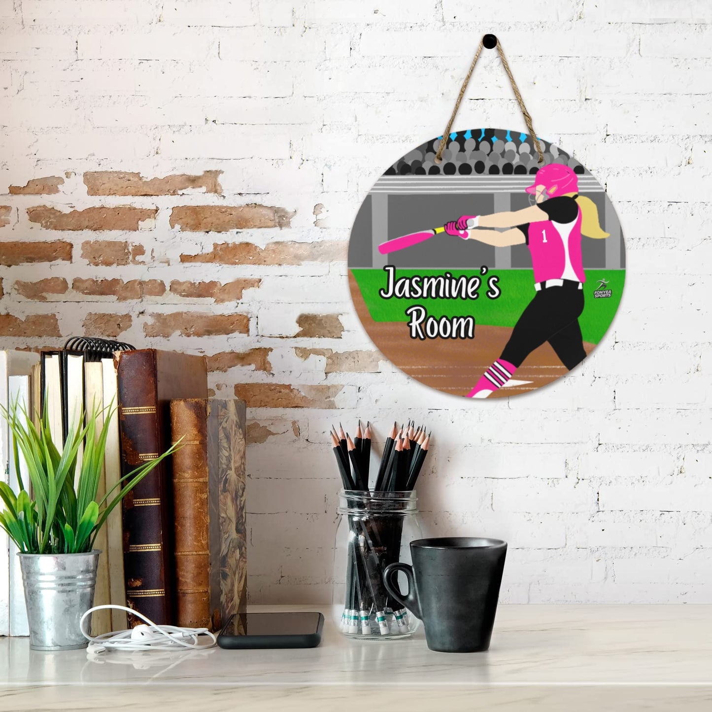 Fonyea Sports Softball Round Wooden Door Sign 11.8''