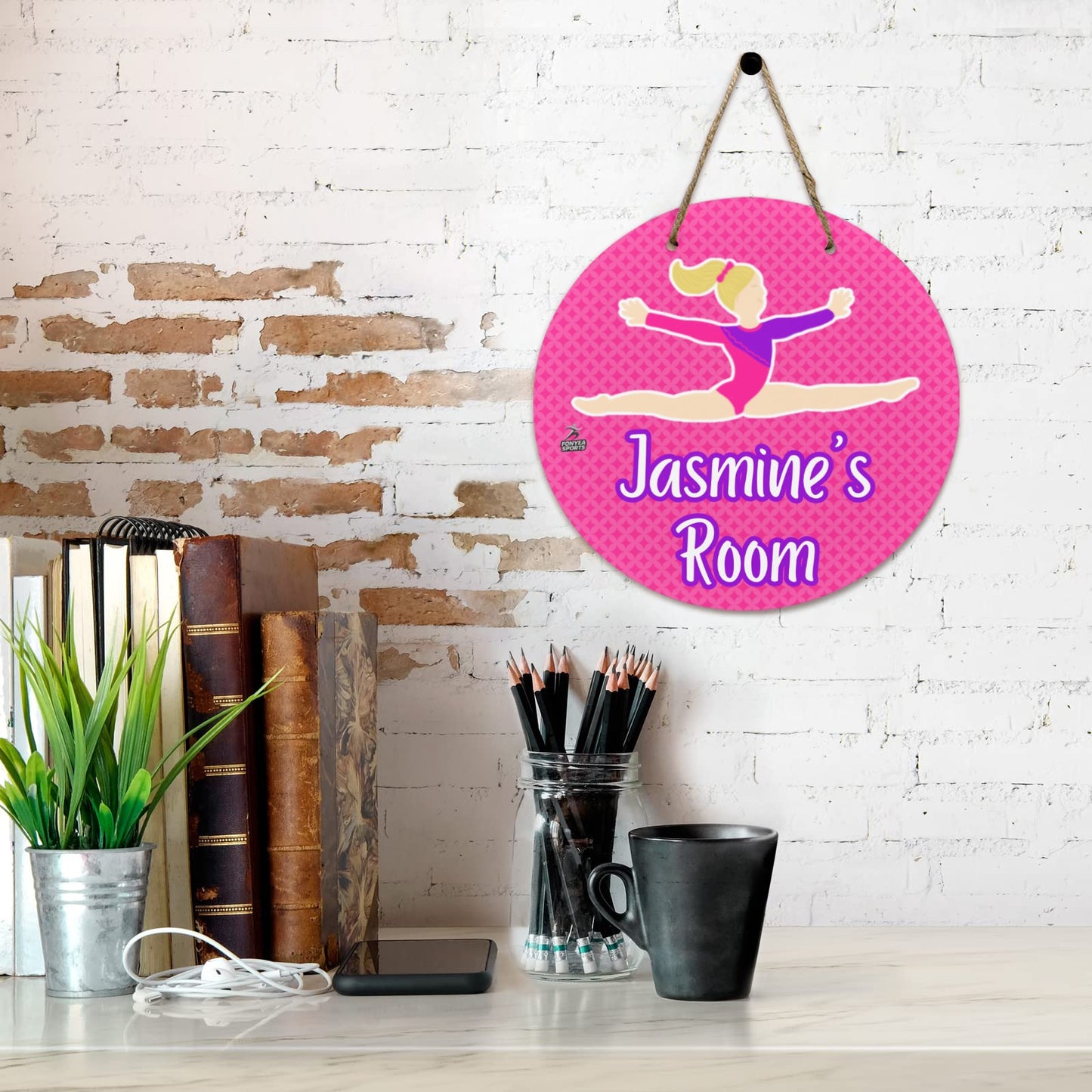 Fonyea Sports Gymnast Pink Round Wooden Door Sign 11.8''