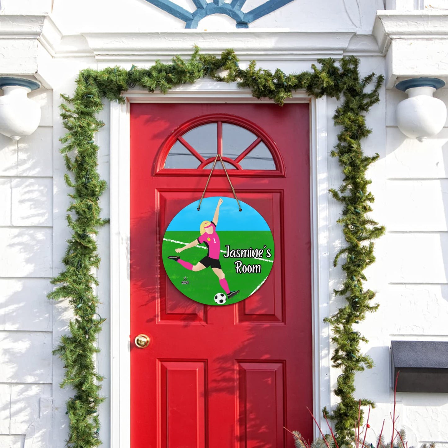 Fonyea Sports Soccer Girl Round Wooden Door Sign 11.8''