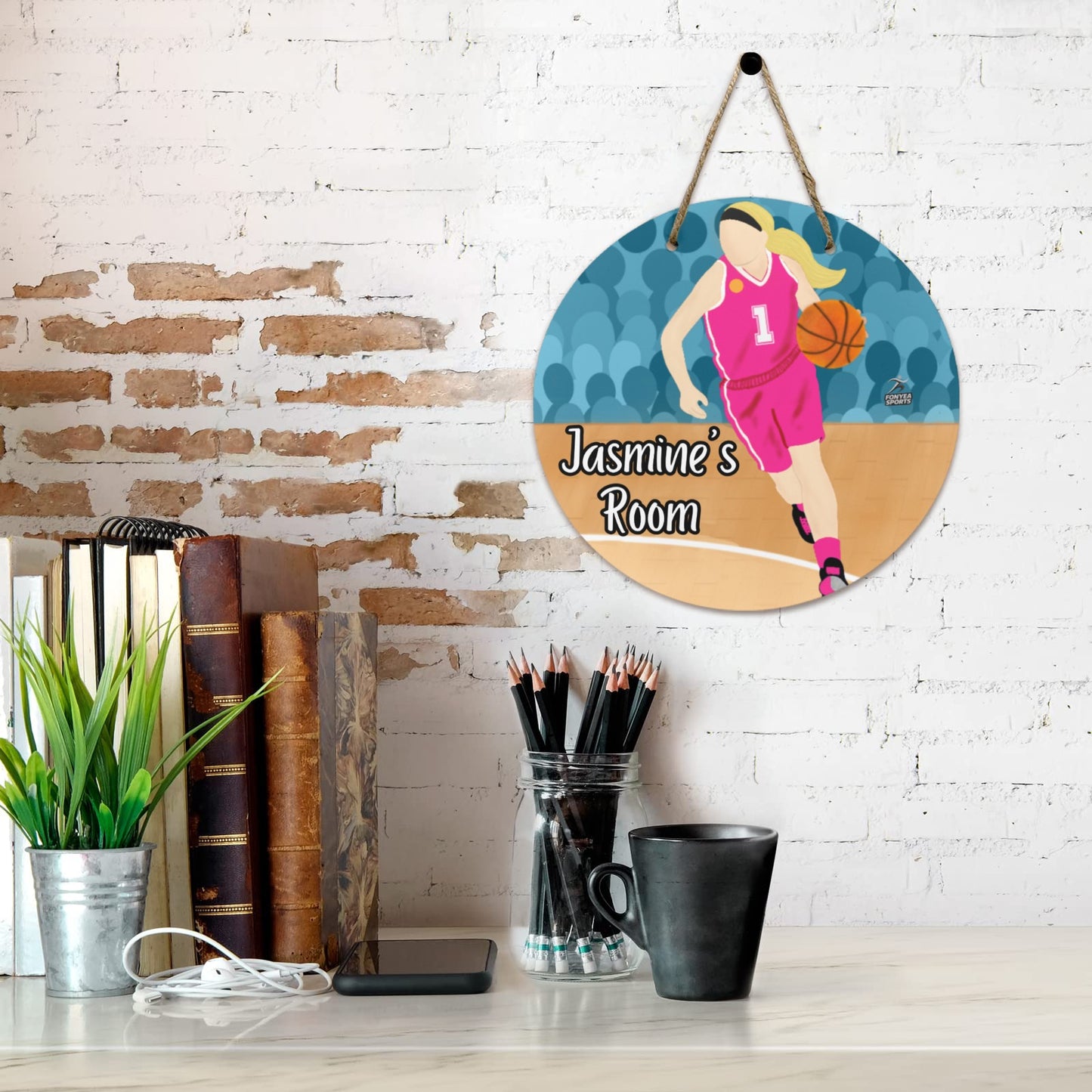 Fonyea Sports Basketball Girl Round Wooden Door Sign 11.8''