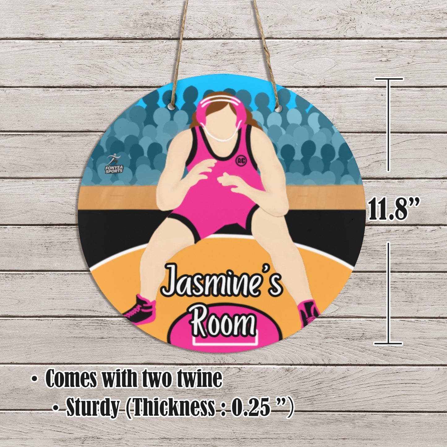 Fonyea Sports Wrestler Girl Round Wooden Door Sign 11.8''