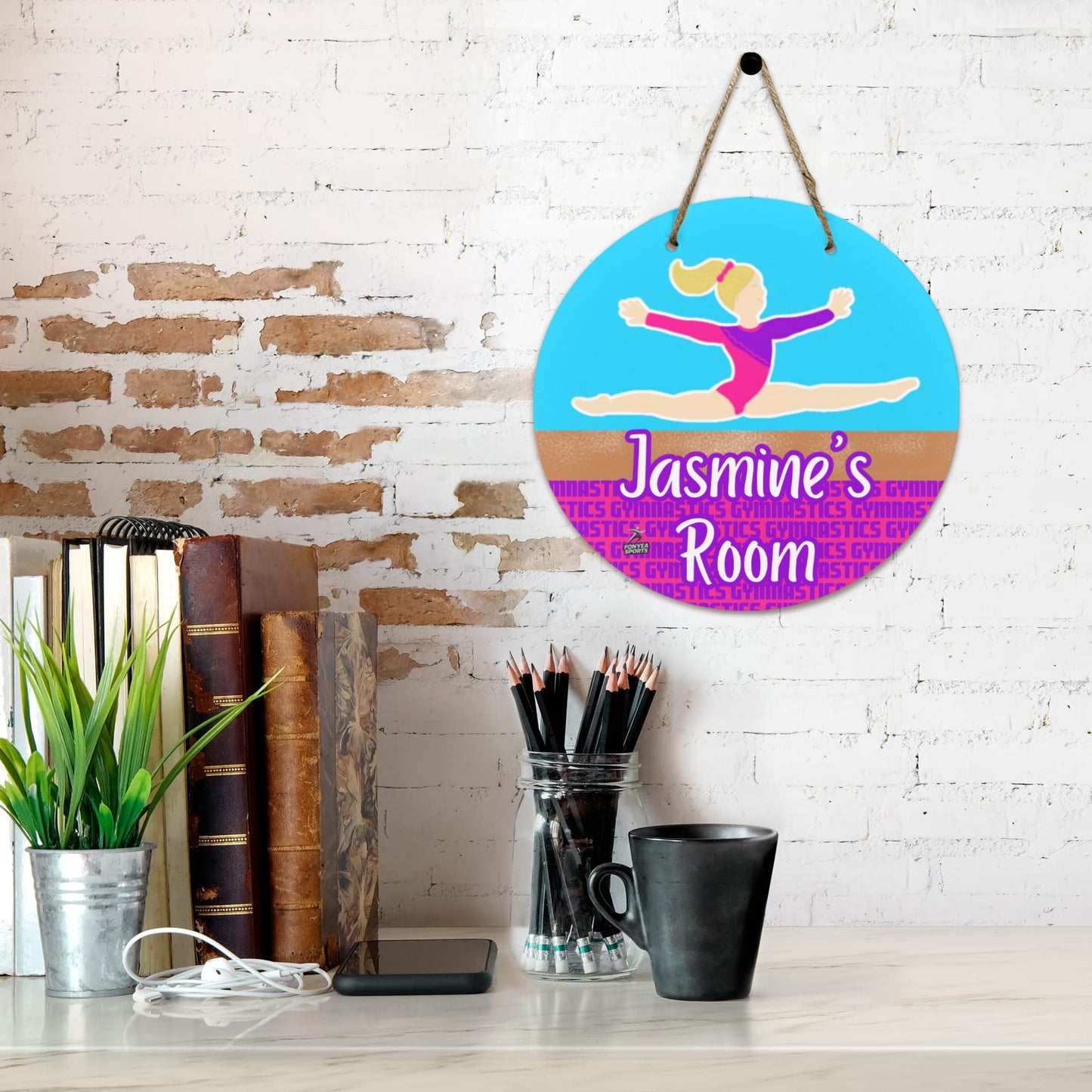 Fonyea Sports Gymnast Round Wooden Door Sign 11.8''