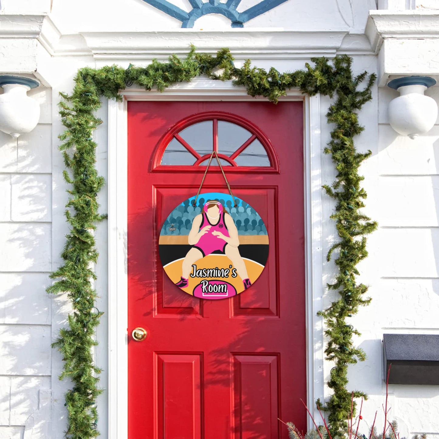 Fonyea Sports Wrestler Girl Round Wooden Door Sign 11.8''