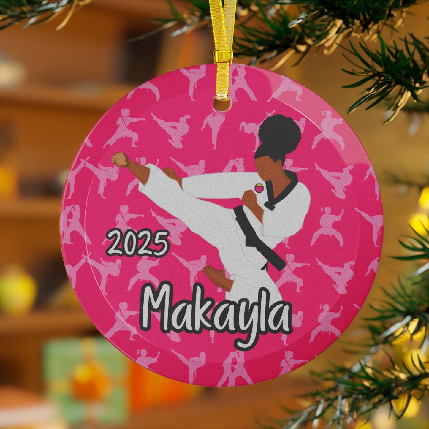 Personalized Martial Arts Karate Taekwondo Judo Pink/Black Glass Ornament, Fonyea Sports