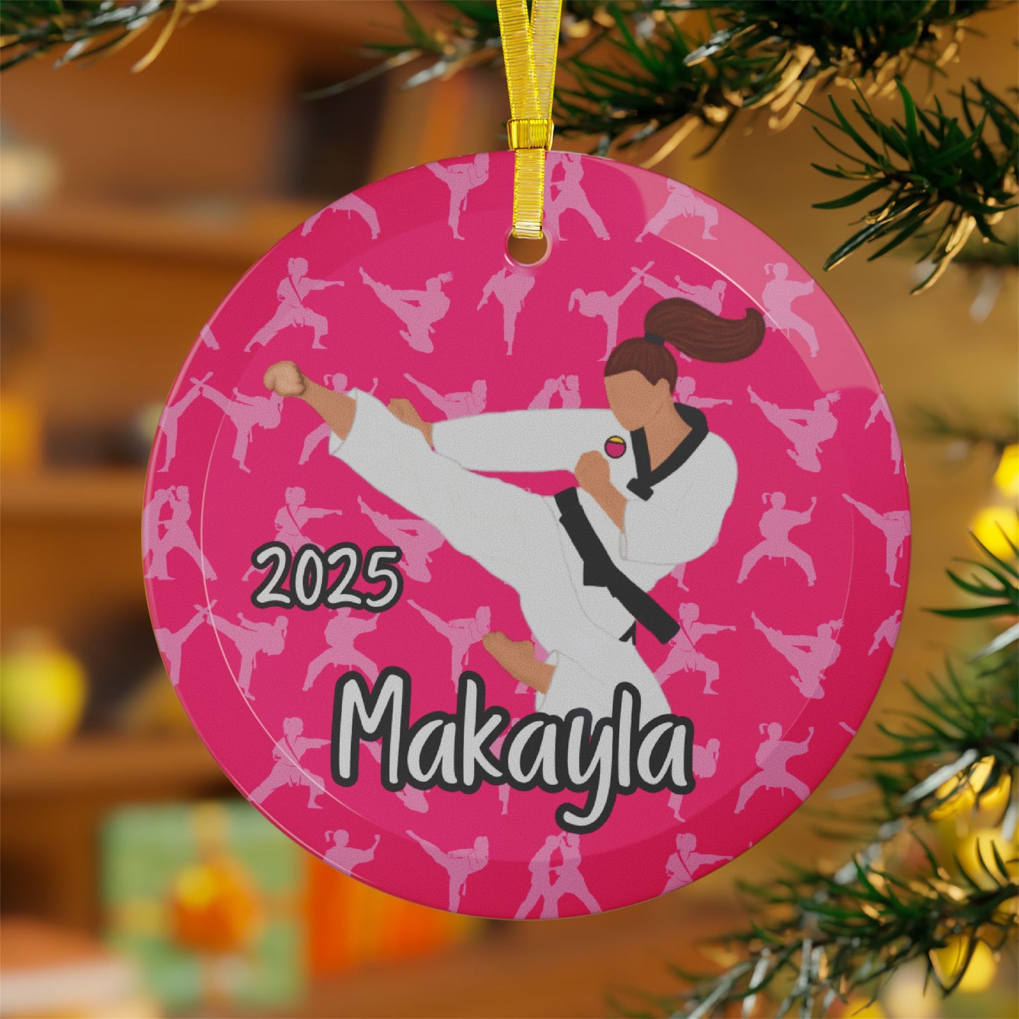 Personalized Martial Arts Karate Taekwondo Judo Pink/Black Glass Ornament, Fonyea Sports