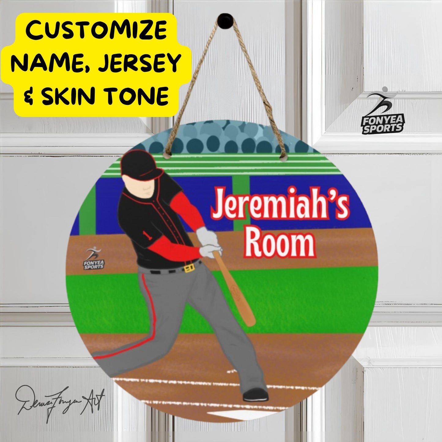 Fonyea Sports Baseball Round Wooden Door Sign 11.8''