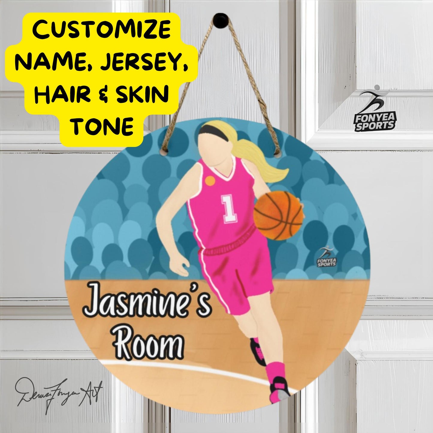 Fonyea Sports Basketball Girl Round Wooden Door Sign 11.8''