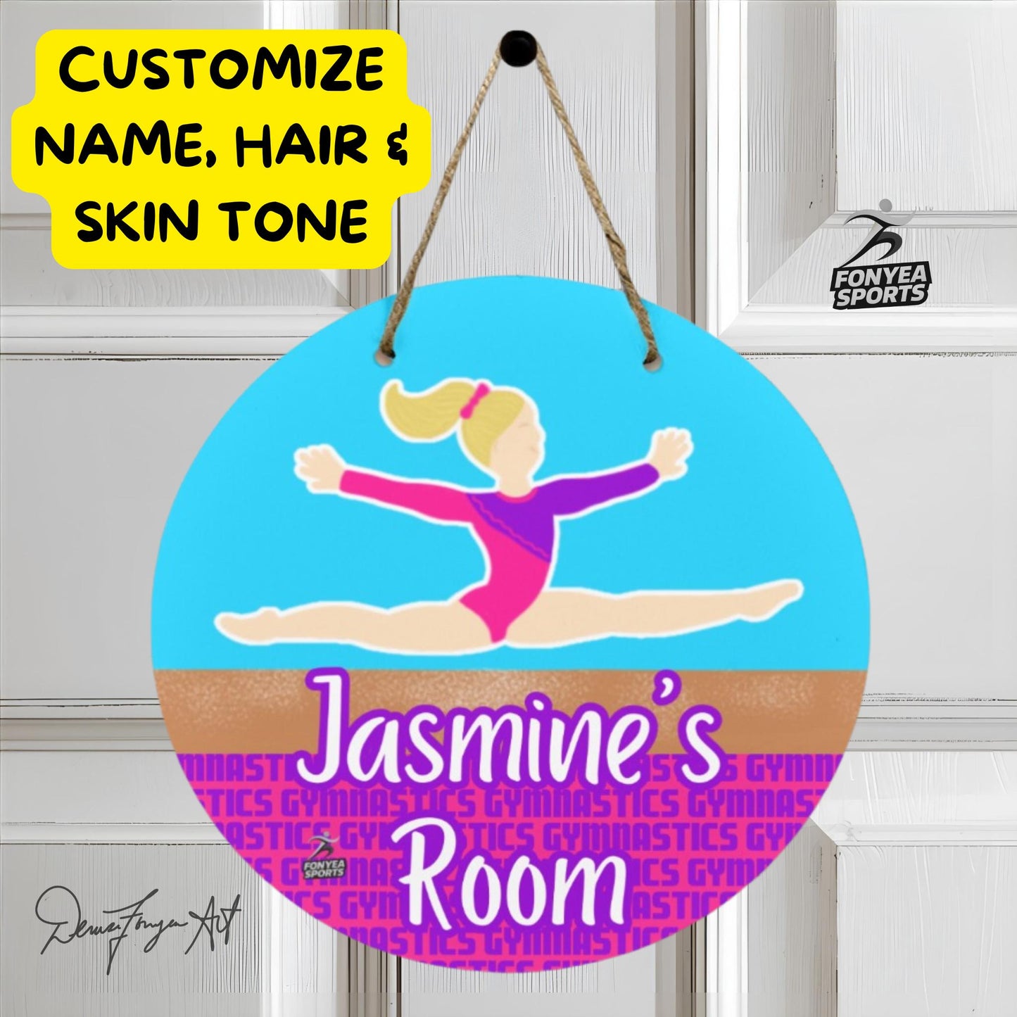 Fonyea Sports Gymnast Round Wooden Door Sign 11.8''
