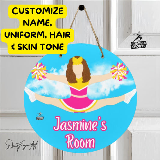 Fonyea Sports Cheerleader Round Wooden Door Sign 11.8''