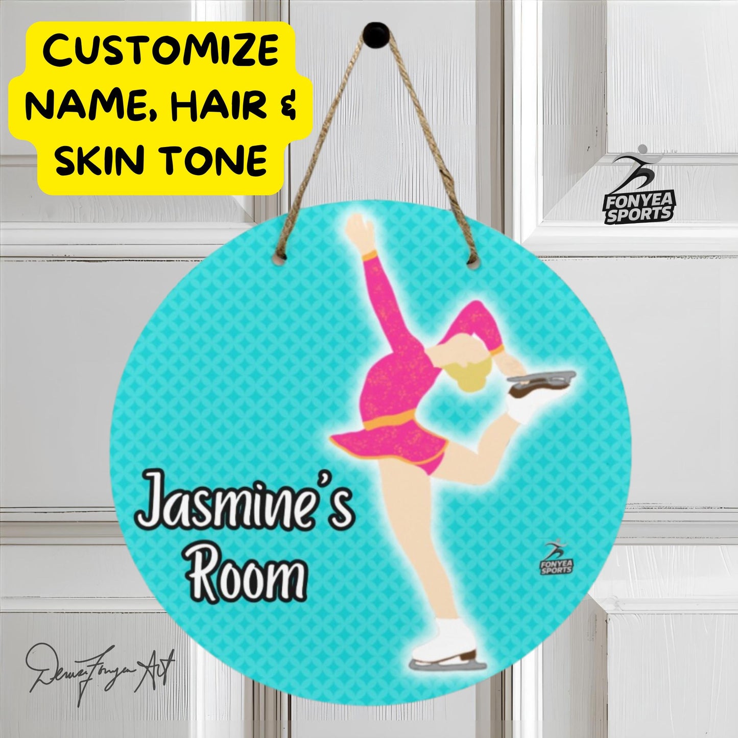 Fonyea Sports Figure Skater Round Wooden Door Sign 11.8''