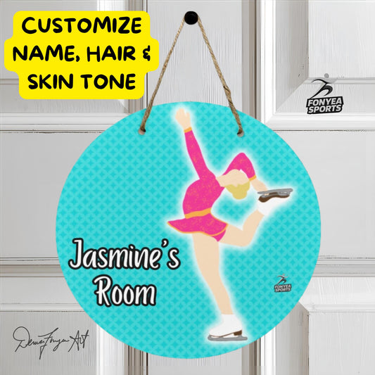 Fonyea Sports Figure Skater Round Wooden Door Sign 11.8''