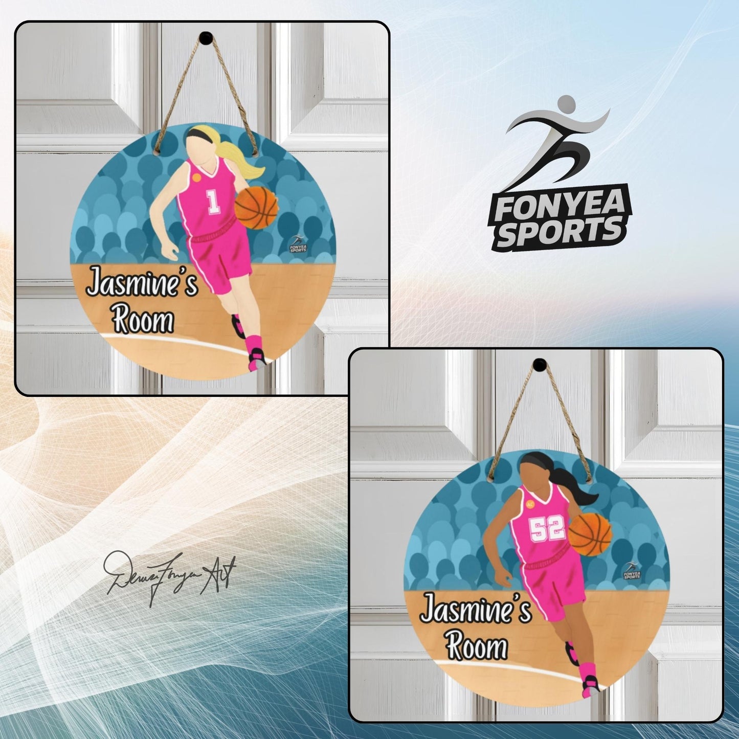 Fonyea Sports Basketball Girl Round Wooden Door Sign 11.8''