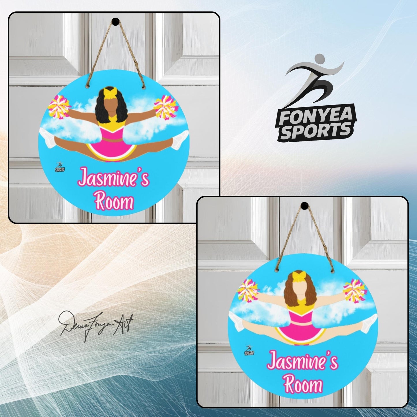 Fonyea Sports Cheerleader Round Wooden Door Sign 11.8''