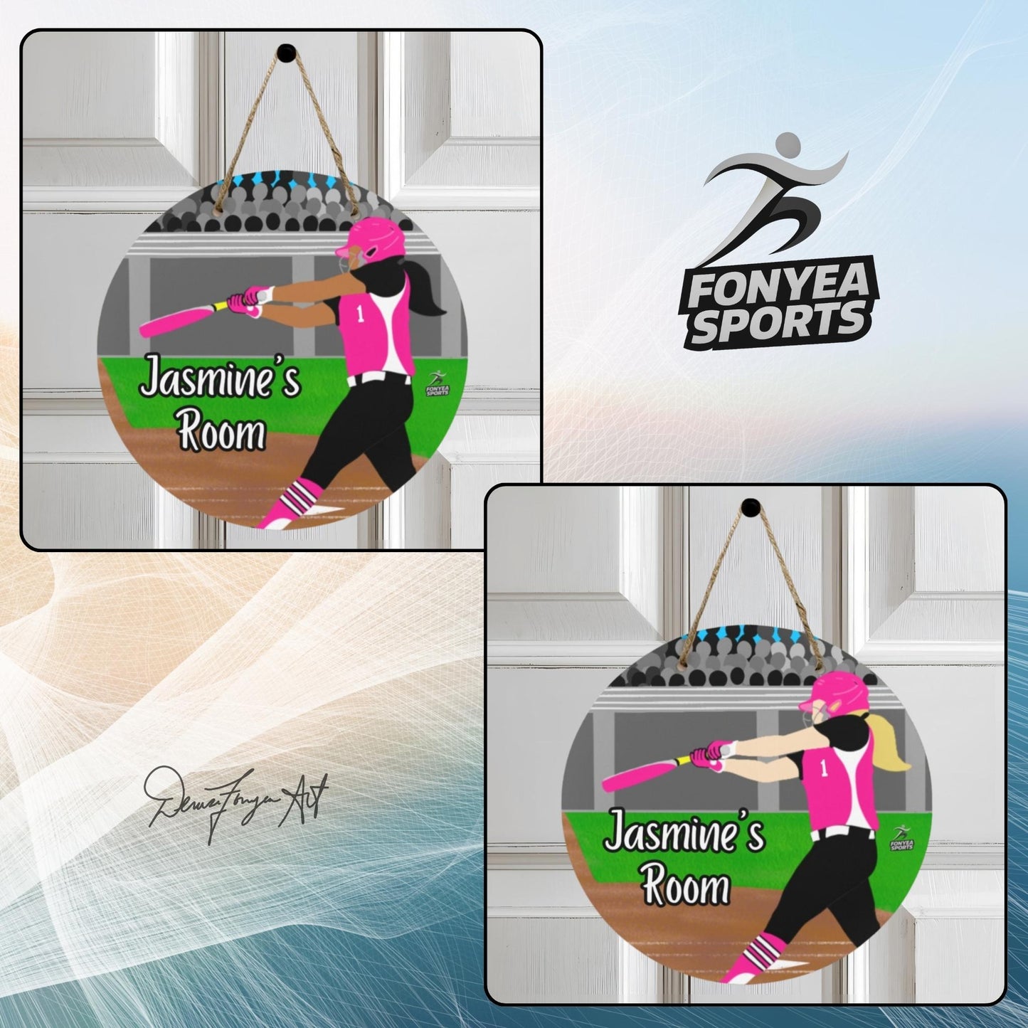 Fonyea Sports Softball Round Wooden Door Sign 11.8''