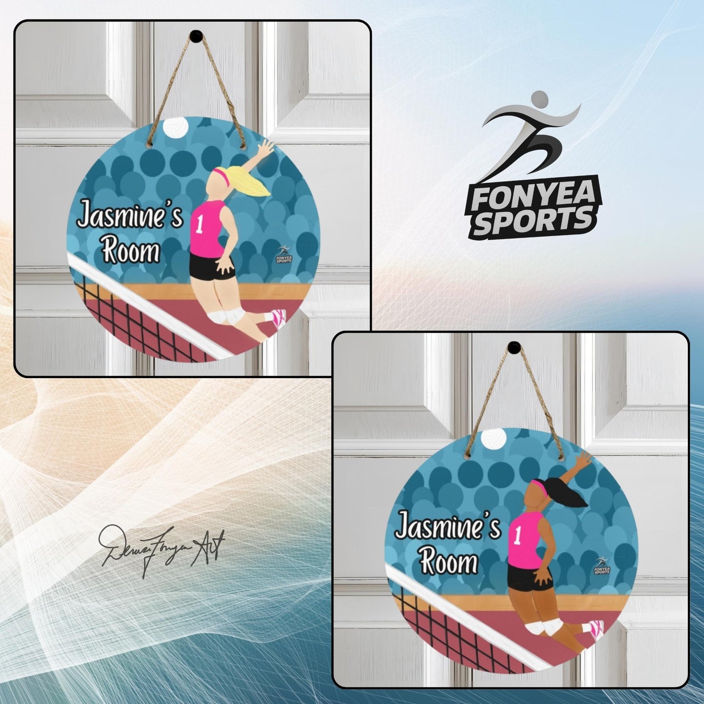 Fonyea Sports Volleyball Round Wooden Door Sign 11.8''