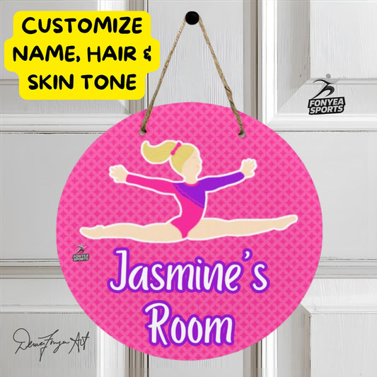 Fonyea Sports Gymnast Pink Round Wooden Door Sign 11.8''