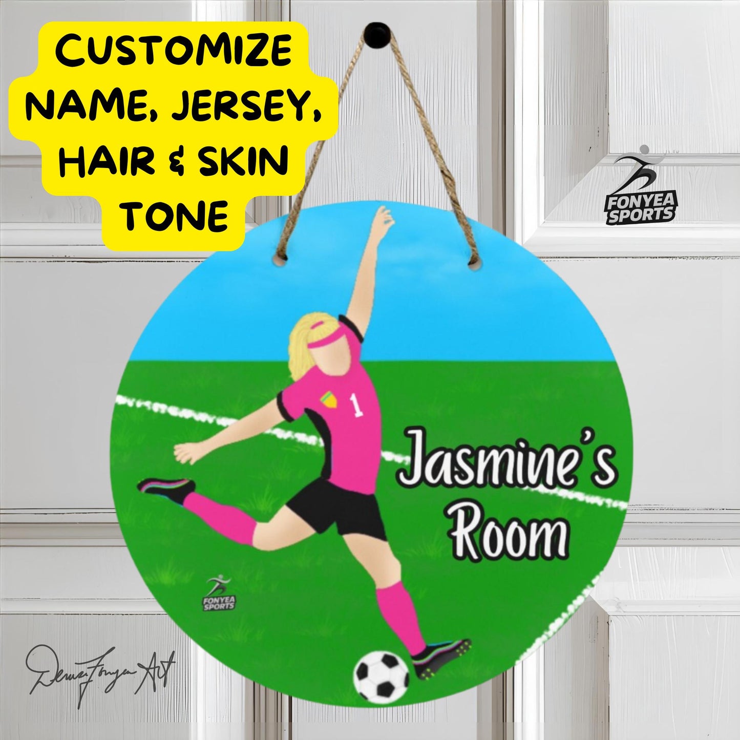 Fonyea Sports Soccer Girl Round Wooden Door Sign 11.8''