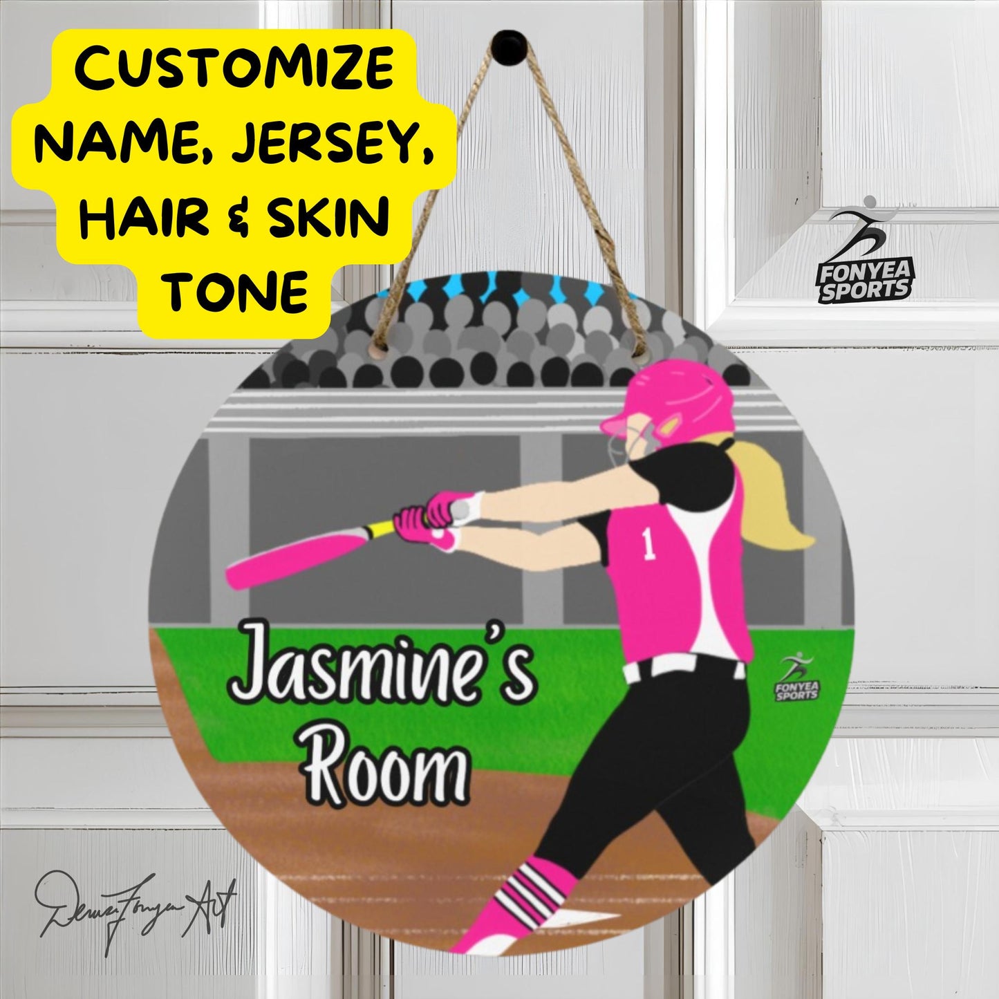 Fonyea Sports Softball Round Wooden Door Sign 11.8''