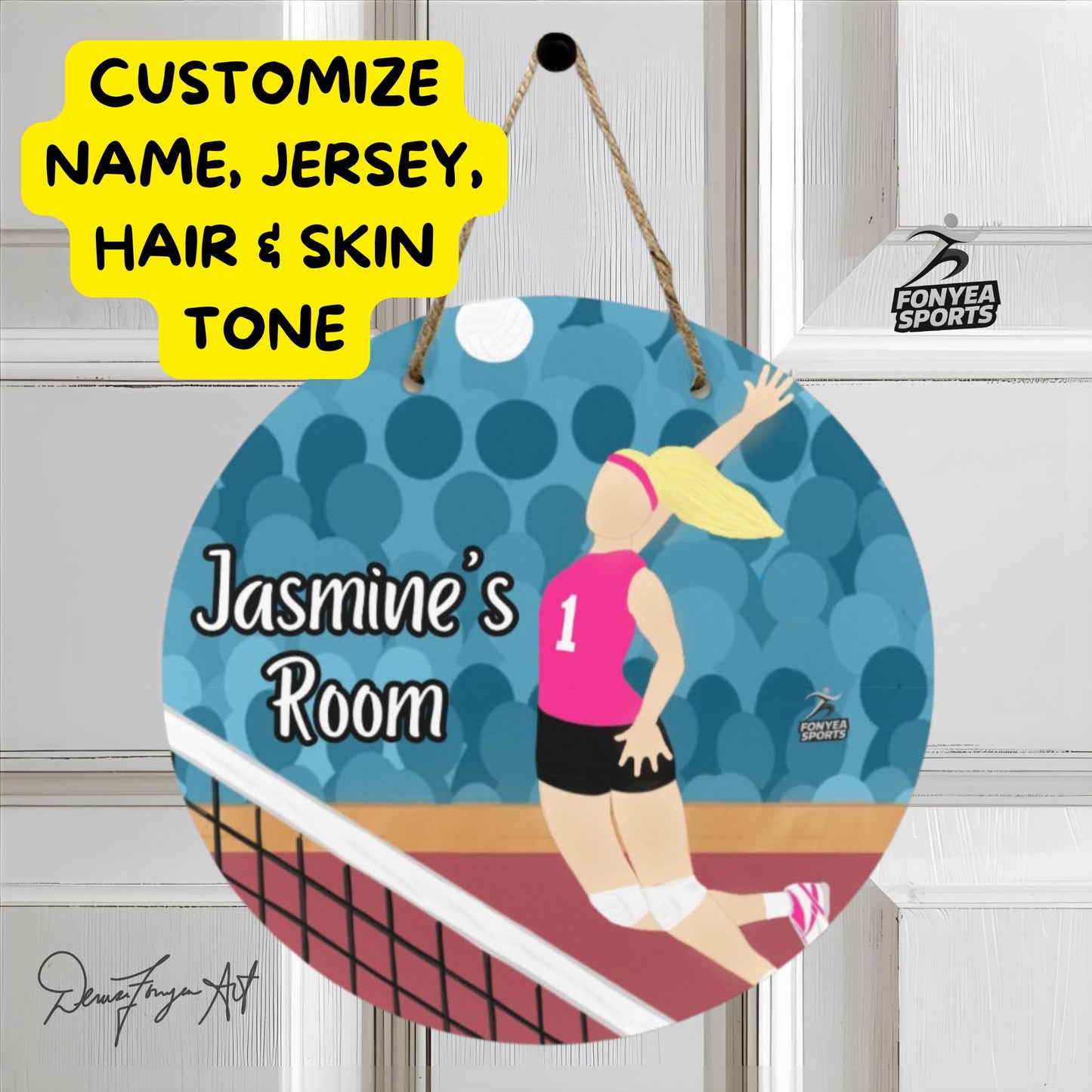 Fonyea Sports Volleyball Round Wooden Door Sign 11.8''