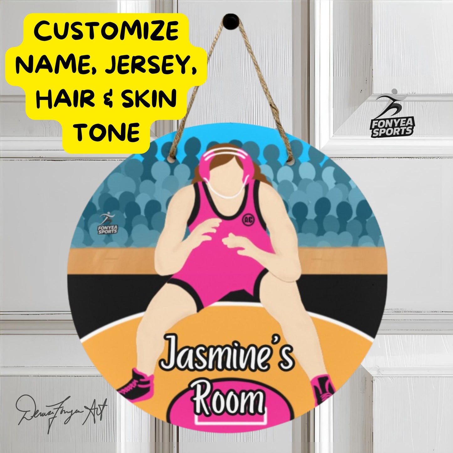 Fonyea Sports Wrestler Girl Round Wooden Door Sign 11.8''