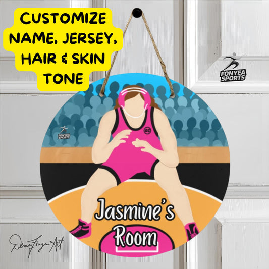 Fonyea Sports Wrestler Girl Round Wooden Door Sign 11.8''