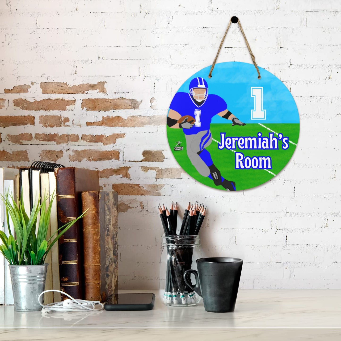 Fonyea Sports Football Round Wooden Door Sign 11.8''