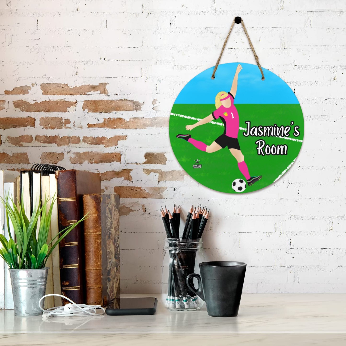 Fonyea Sports Soccer Girl Round Wooden Door Sign 11.8''