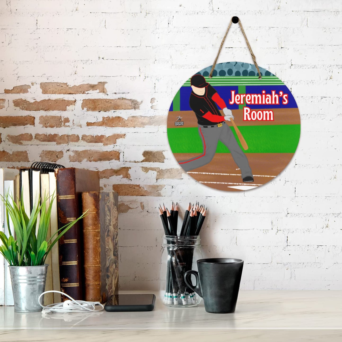 Fonyea Sports Baseball Round Wooden Door Sign 11.8''