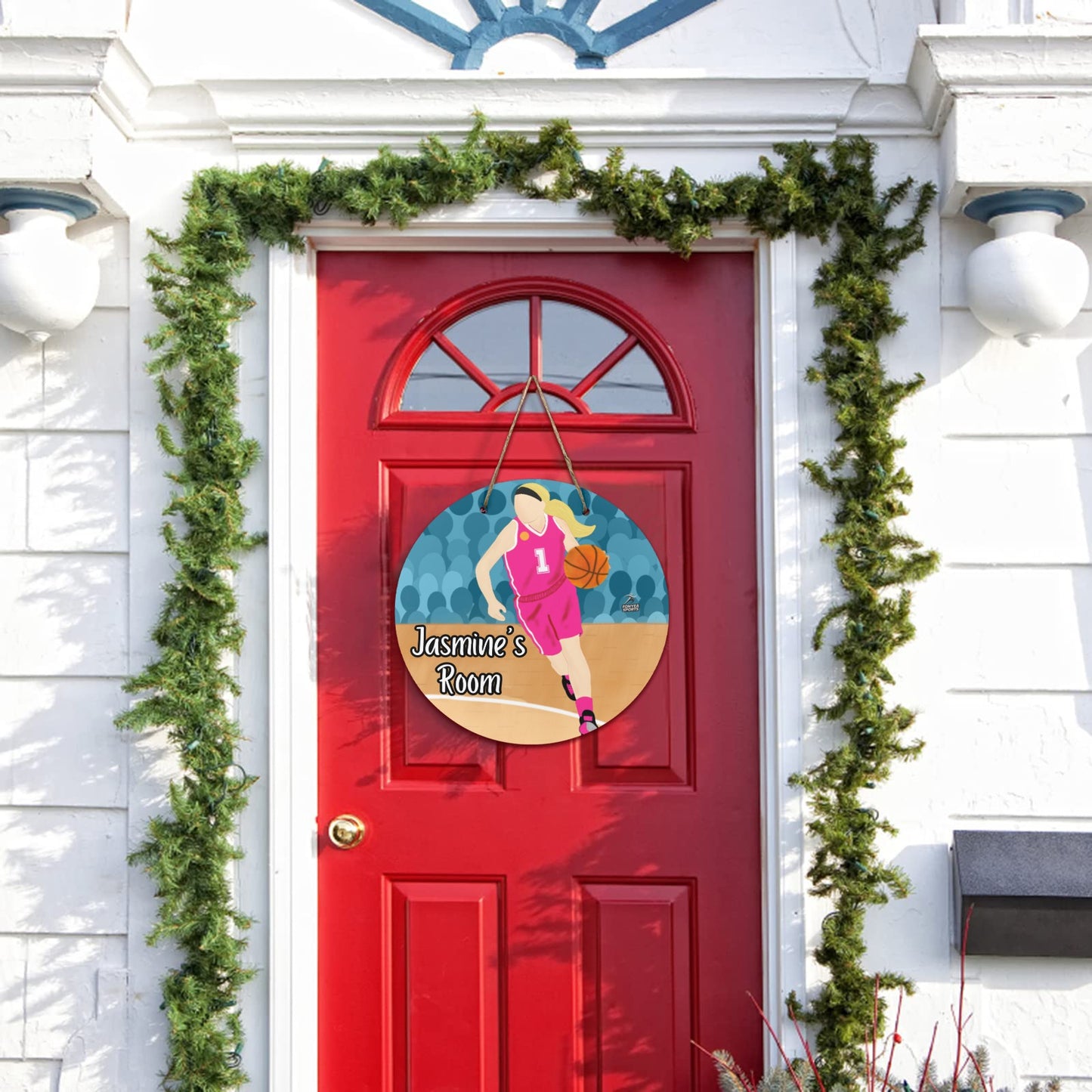 Fonyea Sports Basketball Girl Round Wooden Door Sign 11.8''