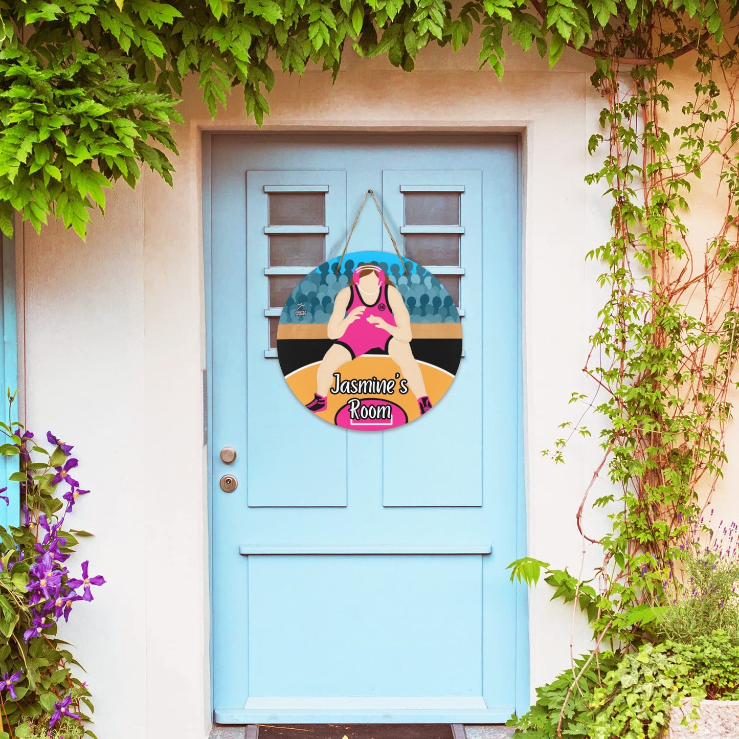 Fonyea Sports Wrestler Girl Round Wooden Door Sign 11.8''