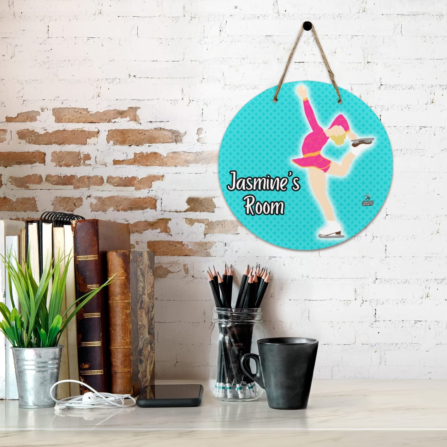 Fonyea Sports Figure Skater Round Wooden Door Sign 11.8''